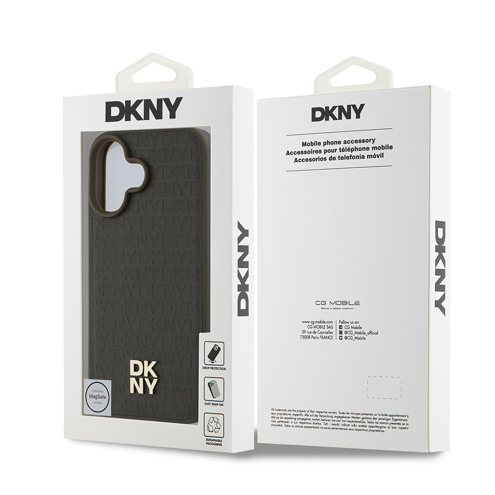 iPhone 16 Plus Kılıf DKNY Orjinal Lisanslı Magsafe Şarj Özellikli 3D Yazılı Repeat Pattern Kılıf Siyah