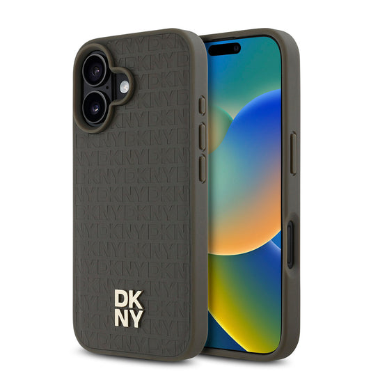iPhone 16 Plus Kılıf DKNY Orjinal Lisanslı Magsafe Şarj Özellikli 3D Yazılı Repeat Pattern Kılıf Siyah
