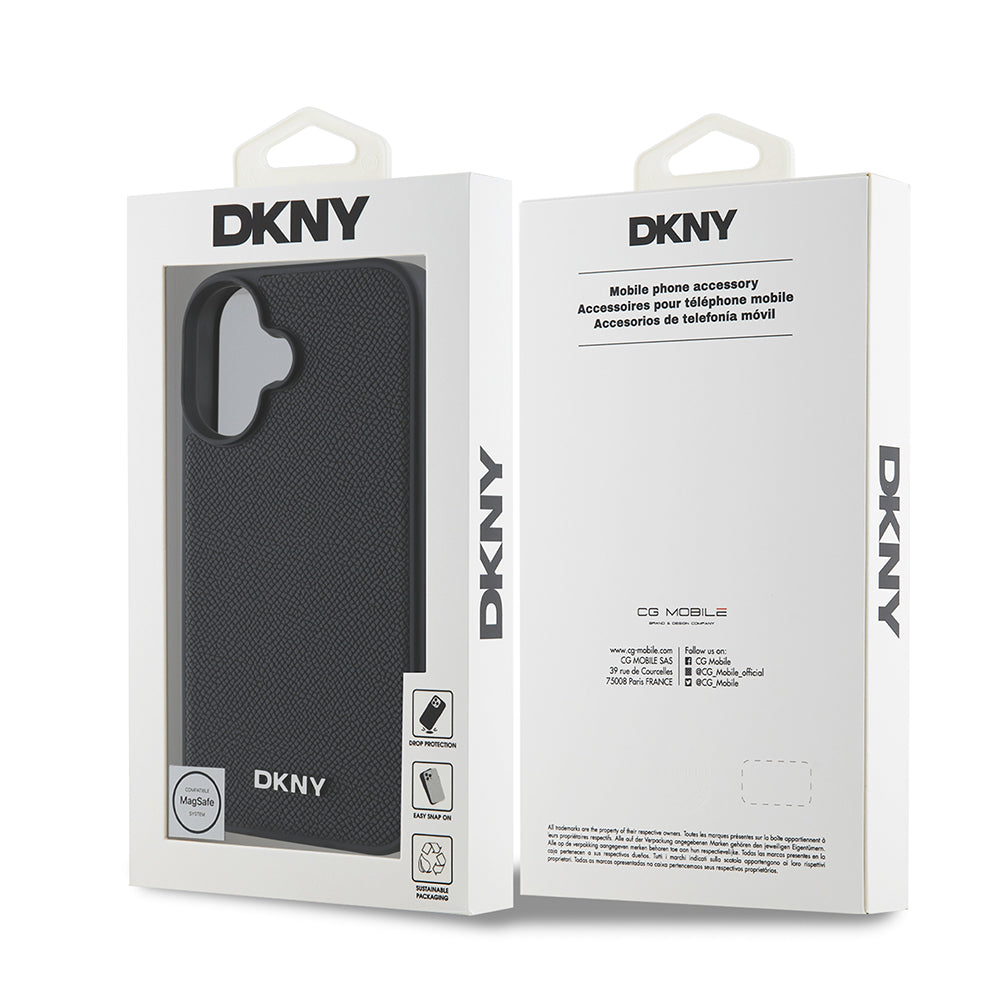 iPhone 16 Plus Kılıf DKNY Orjinal Lisanslı Magsafe Şarj Özellikli Metal Logolu PU Deri Grained Kılıf Siyah
