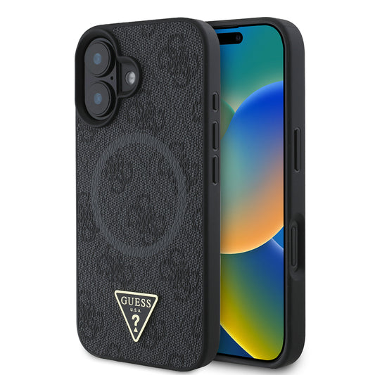 Apple iPhone 16 Plus Kılıf Guess Orjinal Lisanslı M-safe Şarj Özellikli PU Üçgen Logo 4G Desenli Kapak