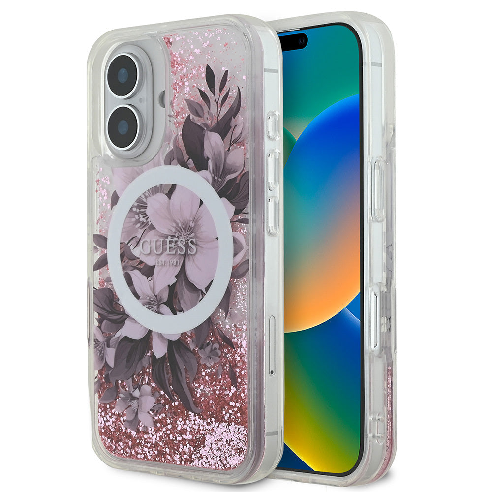 Apple iPhone 16 Plus Kılıf Guess Orjinal Lisanslı M-safe Şarj Özellikli Sıvılı Simli Çiçek Desenli Kapak