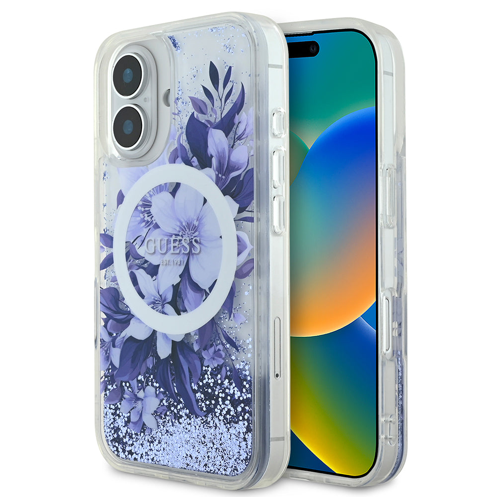 Apple iPhone 16 Plus Kılıf Guess Orjinal Lisanslı M-safe Şarj Özellikli Sıvılı Simli Çiçek Desenli Kapak