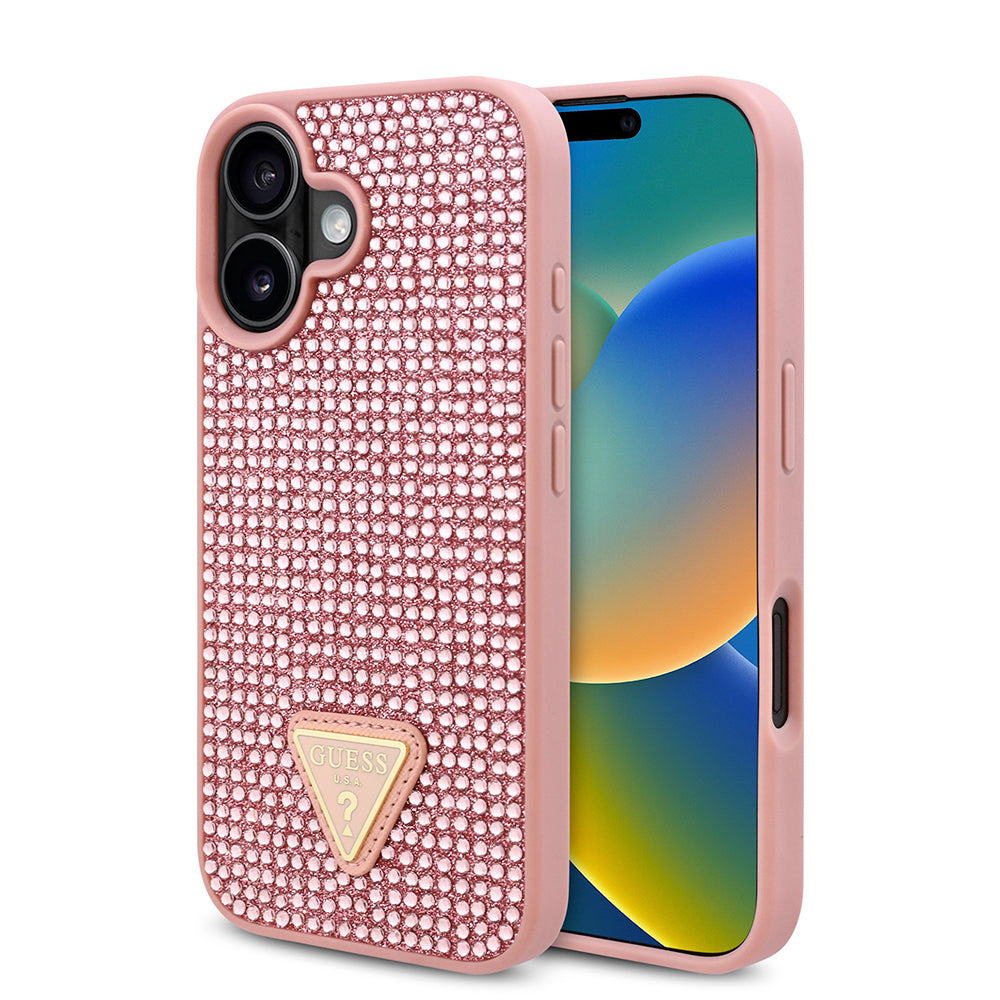 Apple iPhone 16 Plus Kılıf Guess Orjinal Lisanslı Taşlı Arka Yüzey Üçgen Logolu Kapak