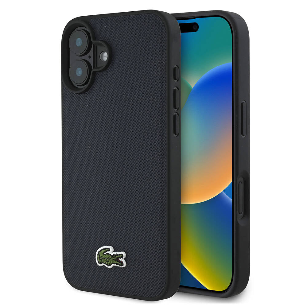 iPhone 16 Plus Kılıf Lacoste Orjinal Lisanslı PU Pike Desenli Arka Yüzey İkonik Timsah Dokuma Logolu Kılıf Lacivert