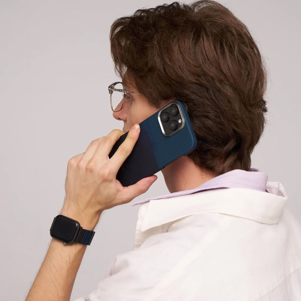 iPhone 16 Plus Kılıf Magsafe Şarj Özellikli Aramid Fiber Pitaka Tactile Woven Starpeak Serisi Over The Horizon Kılıf Mavi