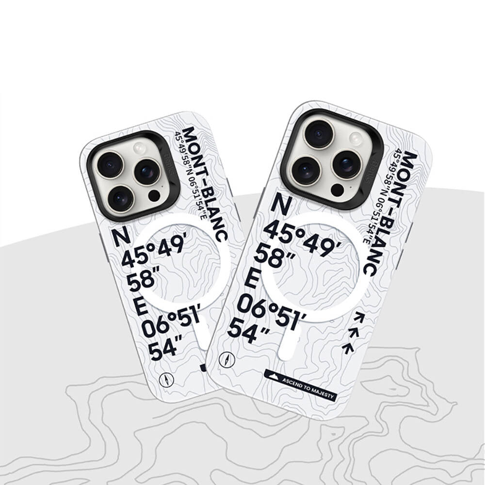 iPhone 16 Plus Kılıf Magsafe Şarj Özellikli Koordinat Yazı Desenli Benks Summit Serisi Kılıf Beyaz