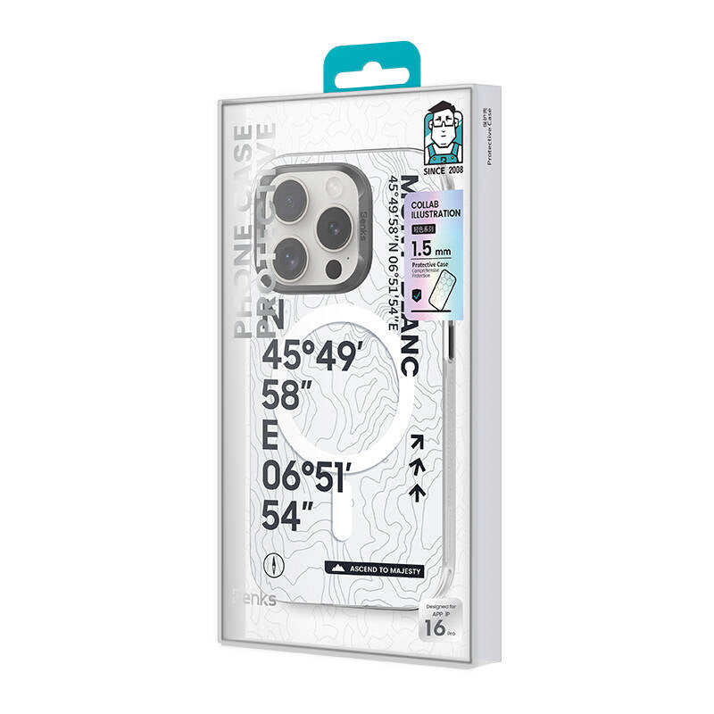 iPhone 16 Plus Kılıf Magsafe Şarj Özellikli Koordinat Yazı Desenli Benks Summit Serisi Kılıf Beyaz