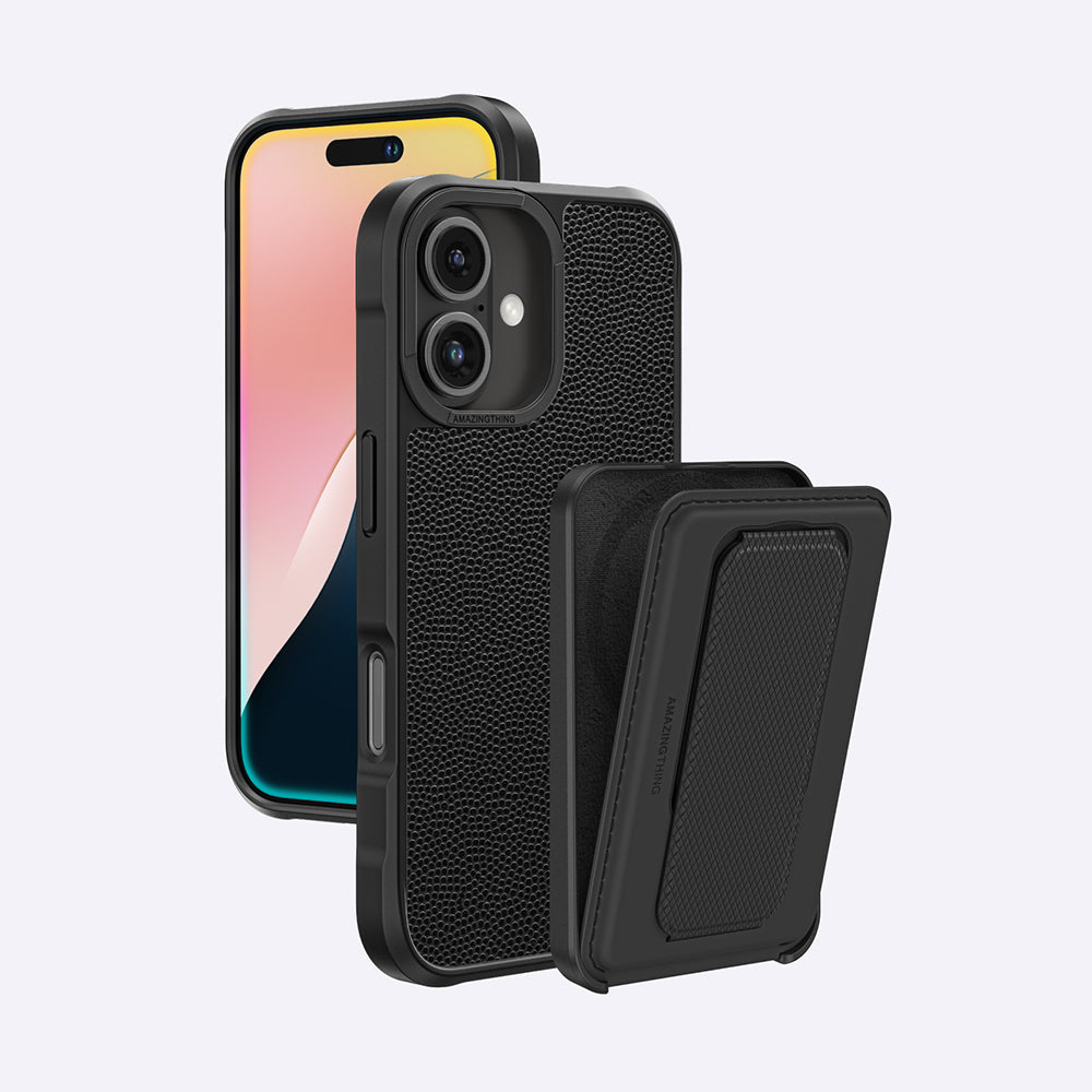 iPhone 16 Plus Kılıf Magsafe Şarj Özellikli Standlı Kartlıklı Set Amazinghing Glamour Luxe Serisi Kılıf Siyah