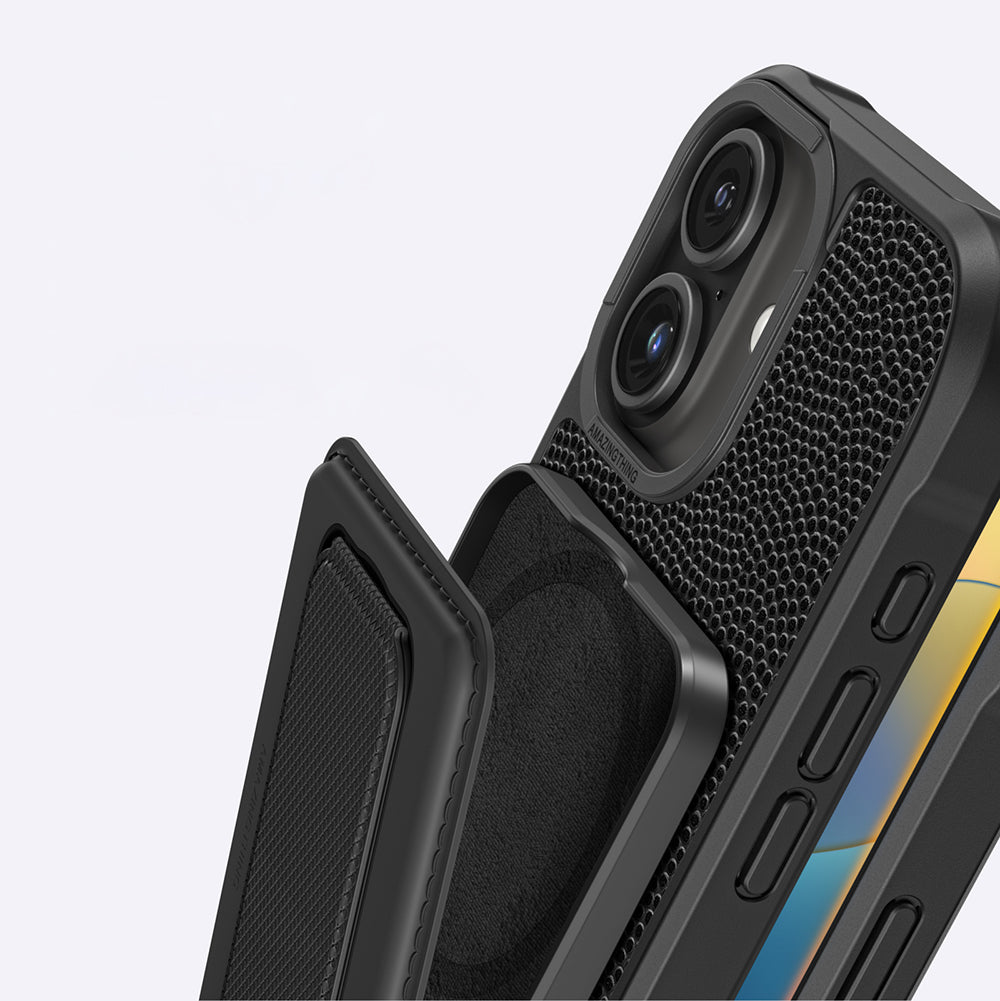 iPhone 16 Plus Kılıf Magsafe Şarj Özellikli Standlı Kartlıklı Set Amazinghing Glamour Luxe Serisi Kılıf Siyah