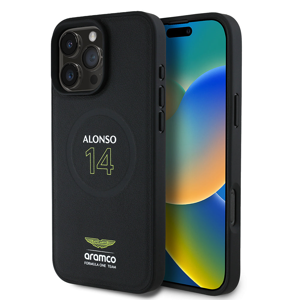 Apple iPhone 16 Pro Kılıf Aston Martin Orjinal Lisanslı M-safe Şarj Özellikli PU Deri Alonso 14 Baskılı Kapak