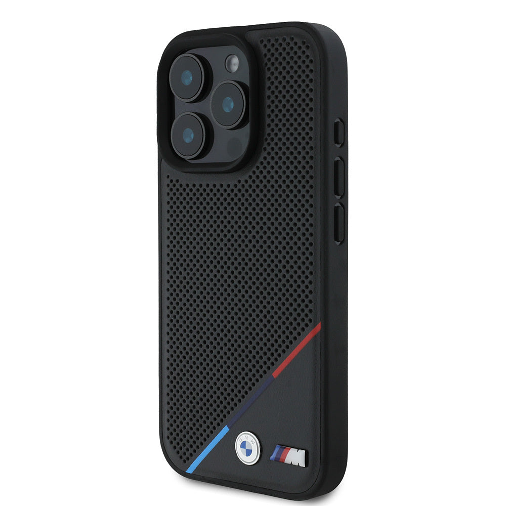 iPhone 16 Pro Kılıf BMW Orjinal Lisanslı Magsafe Şarj Özellikli M Logolu Üç Çizgili Delikli Deri Kılıf Siyah