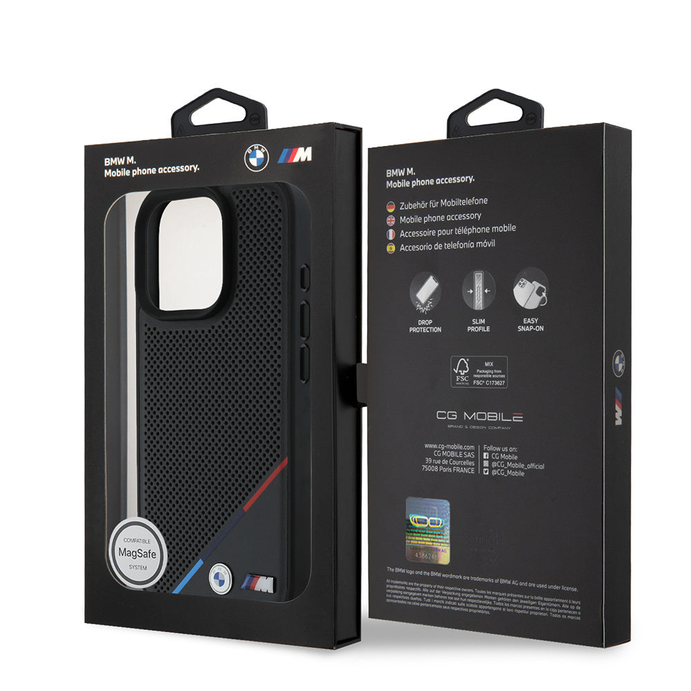 iPhone 16 Pro Kılıf BMW Orjinal Lisanslı Magsafe Şarj Özellikli M Logolu Üç Çizgili Delikli Deri Kılıf Siyah
