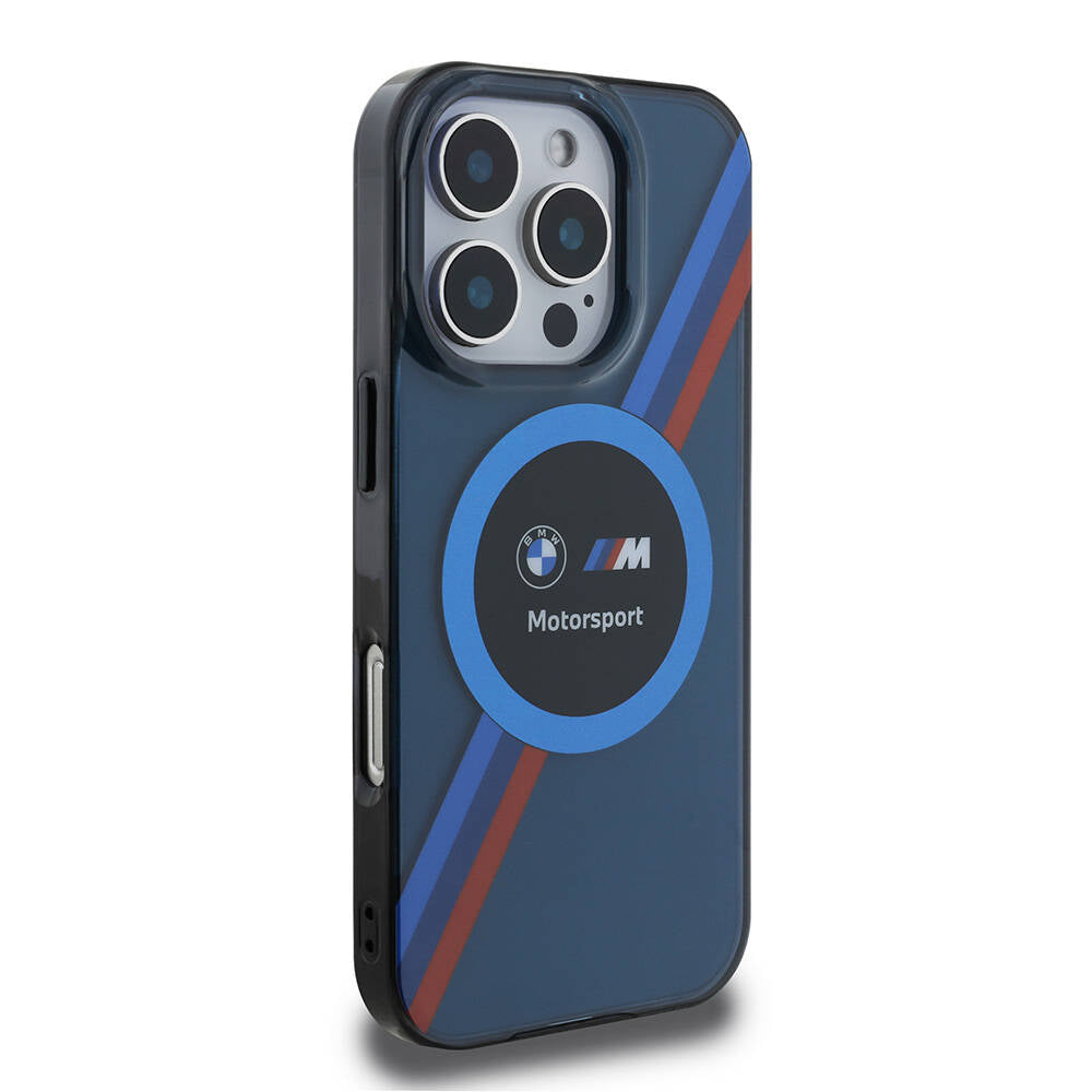 iPhone 16 Pro Kılıf BMW Orjinal Lisanslı Magsafe Şarj Özellikli M Logolu Üç Renk Çizgili Motorsport Circle Kılıf Siyah