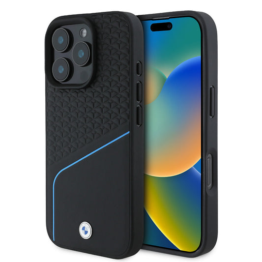 Apple iPhone 16 Pro Kılıf BMW Orjinal Lisanslı M-safe Şarj Özellikli Metal Logolu Dokulu ve Çizgili Deri Kapak