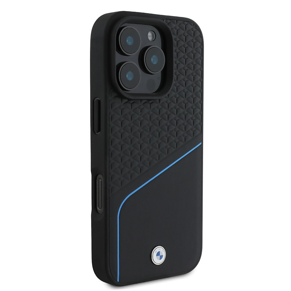 iPhone 16 Pro Kılıf BMW Orjinal Lisanslı Magsafe Şarj Özellikli Metal Logolu Dokulu ve Çizgili Deri Kılıf Gri