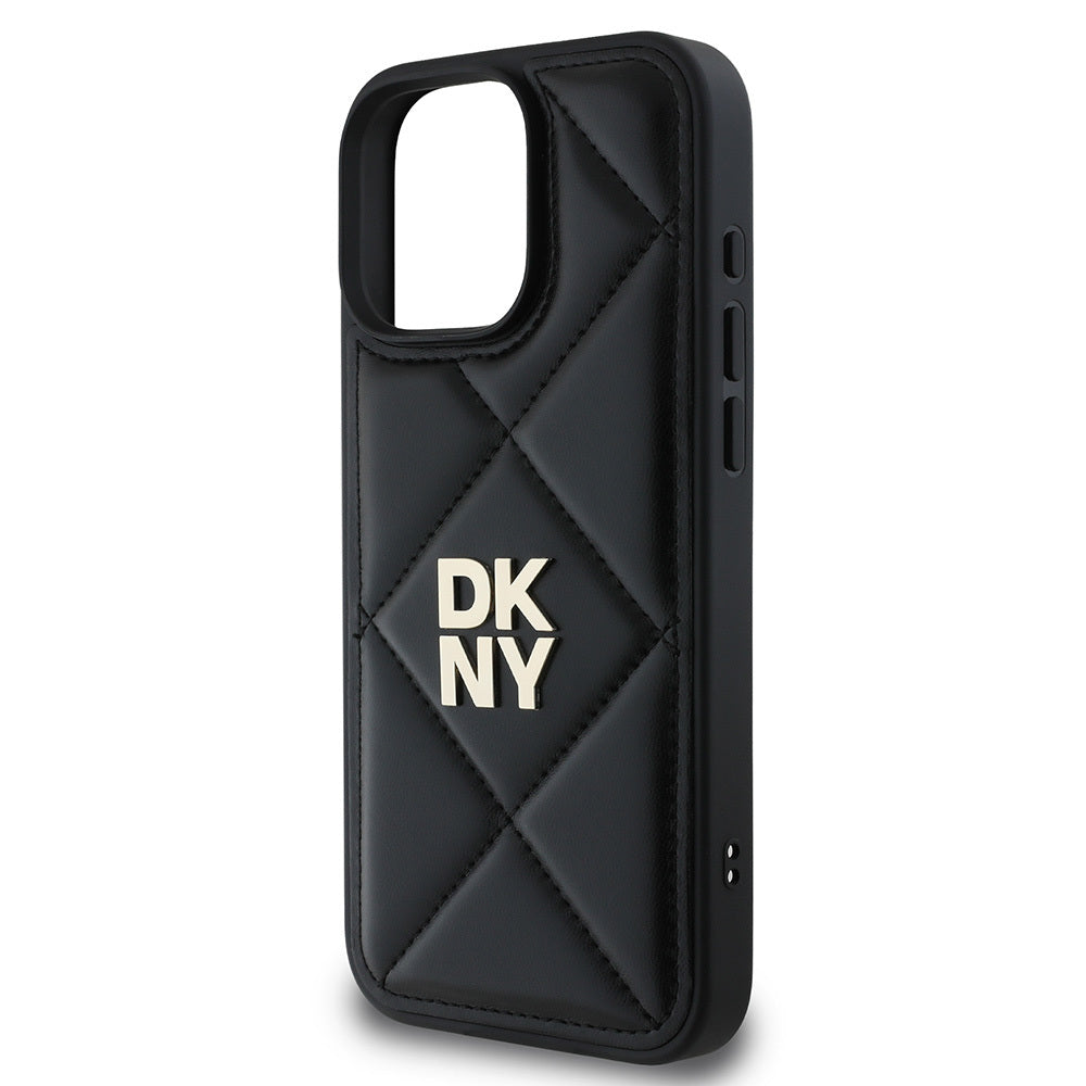 iPhone 16 Pro Kılıf DKNY Orjinal Lisanslı Kapitone Tasarımlı Metal Logolu Deri Kılıf Siyah