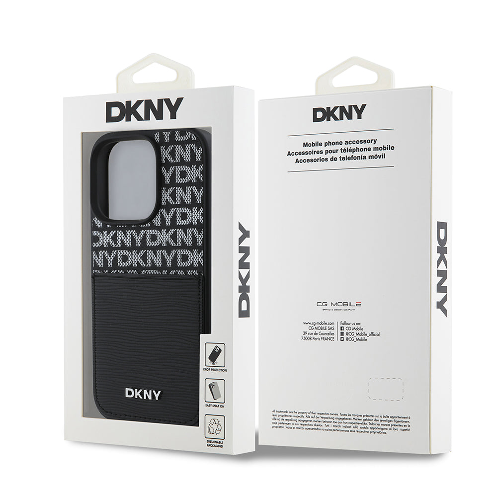iPhone 16 Pro Kılıf DKNY Orjinal Lisanslı Kartlıklı 3D Yazılı Repeat Texture Pattern Kılıf Siyah