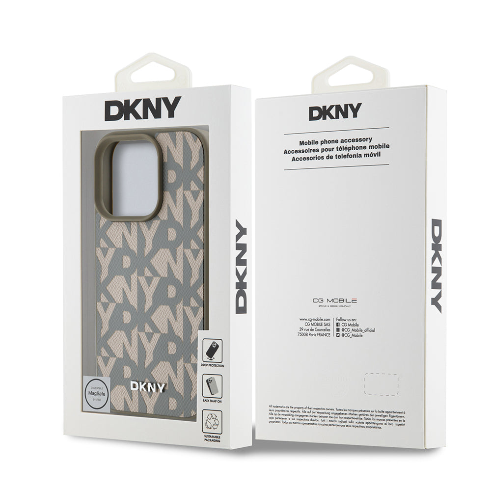 Apple iPhone 16 Pro Kılıf DKNY Orjinal Lisanslı M-safe Şarj Özellikli 3D Yazılı Grid Pattern Kapak Gri