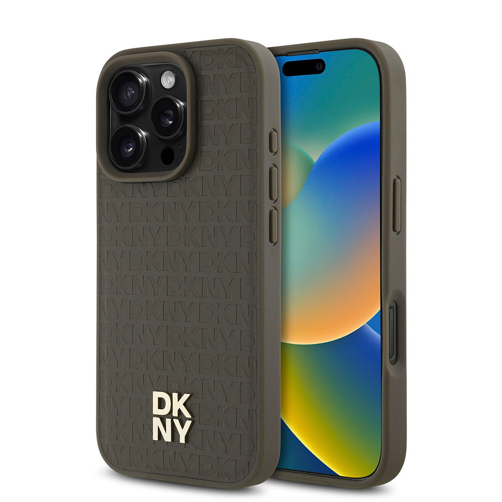 iPhone 16 Pro Kılıf DKNY Orjinal Lisanslı Magsafe Şarj Özellikli 3D Yazılı Repeat Pattern Kılıf Kahverengi