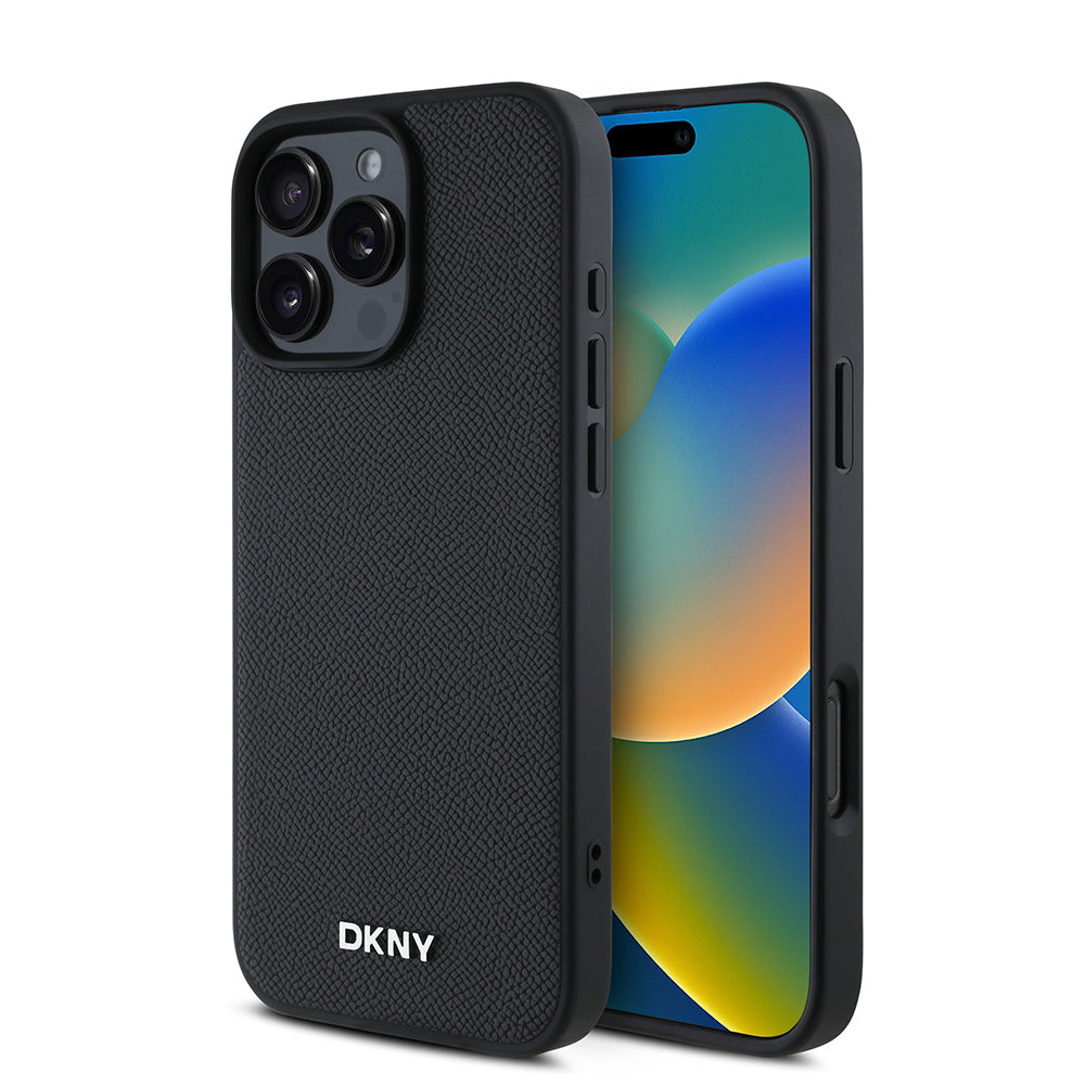 iPhone 16 Pro Kılıf DKNY Orjinal Lisanslı Magsafe Şarj Özellikli Metal Logolu PU Deri Grained Kılıf Siyah
