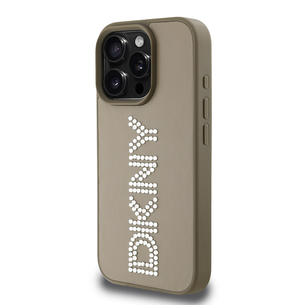 Apple iPhone 16 Pro Kılıf DKNY Orjinal Lisanslı Taşlı DKNY Yazılı Metalik Rhinestones PU Deri Kapak Siyah