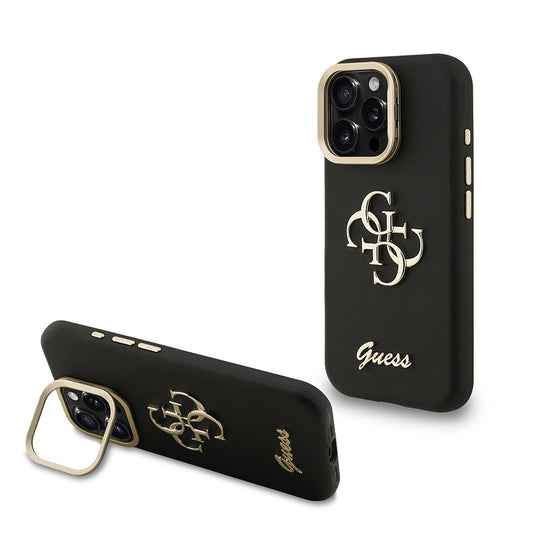 Apple iPhone 16 Pro Kılıf Guess Orjinal Lisanslı Grained Yazı Logolu Kamera Standlı Kapak Siyah