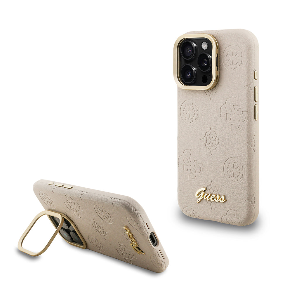 Apple iPhone 16 Pro Kılıf Guess Orjinal Lisanslı M-safe Şarj Özellikli Sıcak Baskılı Yazı Logolu Kamera Standlı PU Deri Peony Kapak
