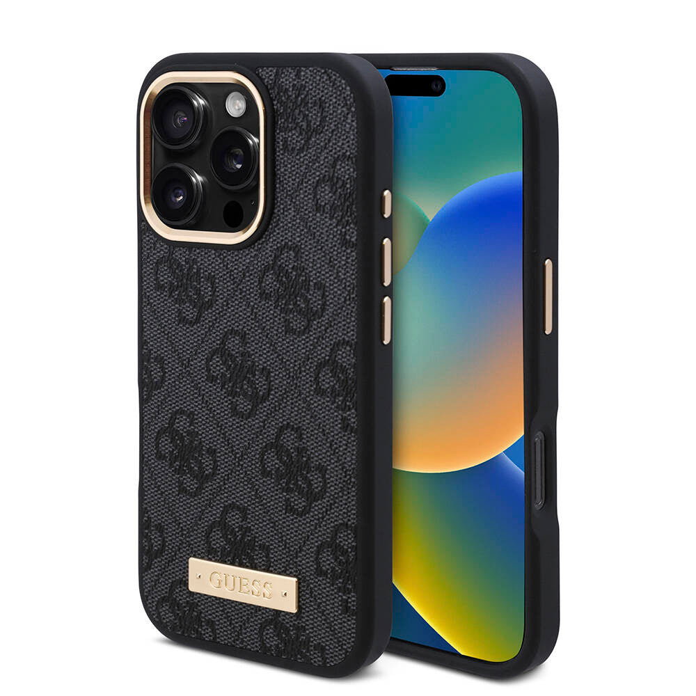 Apple iPhone 16 Pro Kılıf Guess Orjinal Lisanslı M-safe Şarj Özellikli 4G Desenli PU Metal Plaka Klasik Logolu Kapak