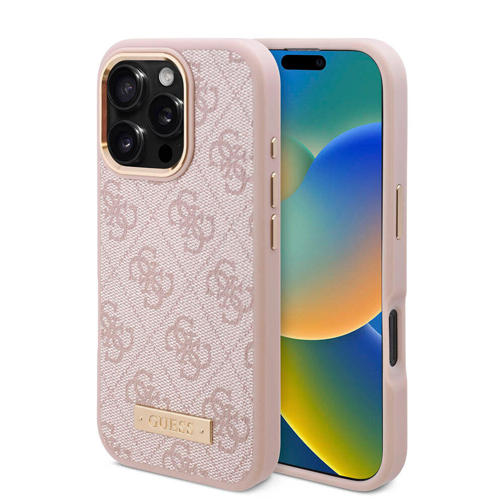 Apple iPhone 16 Pro Kılıf Guess Orjinal Lisanslı M-safe Şarj Özellikli 4G Desenli PU Metal Plaka Klasik Logolu Kapak