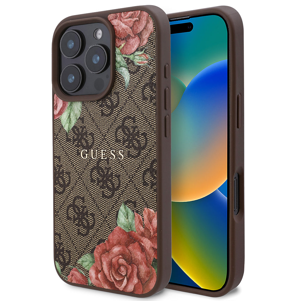 Apple iPhone 16 Pro Kılıf Guess Orjinal Lisanslı M-safe Şarj Özellikli Gül Baskılı 4G Desenli Yazı Logolu Kapak