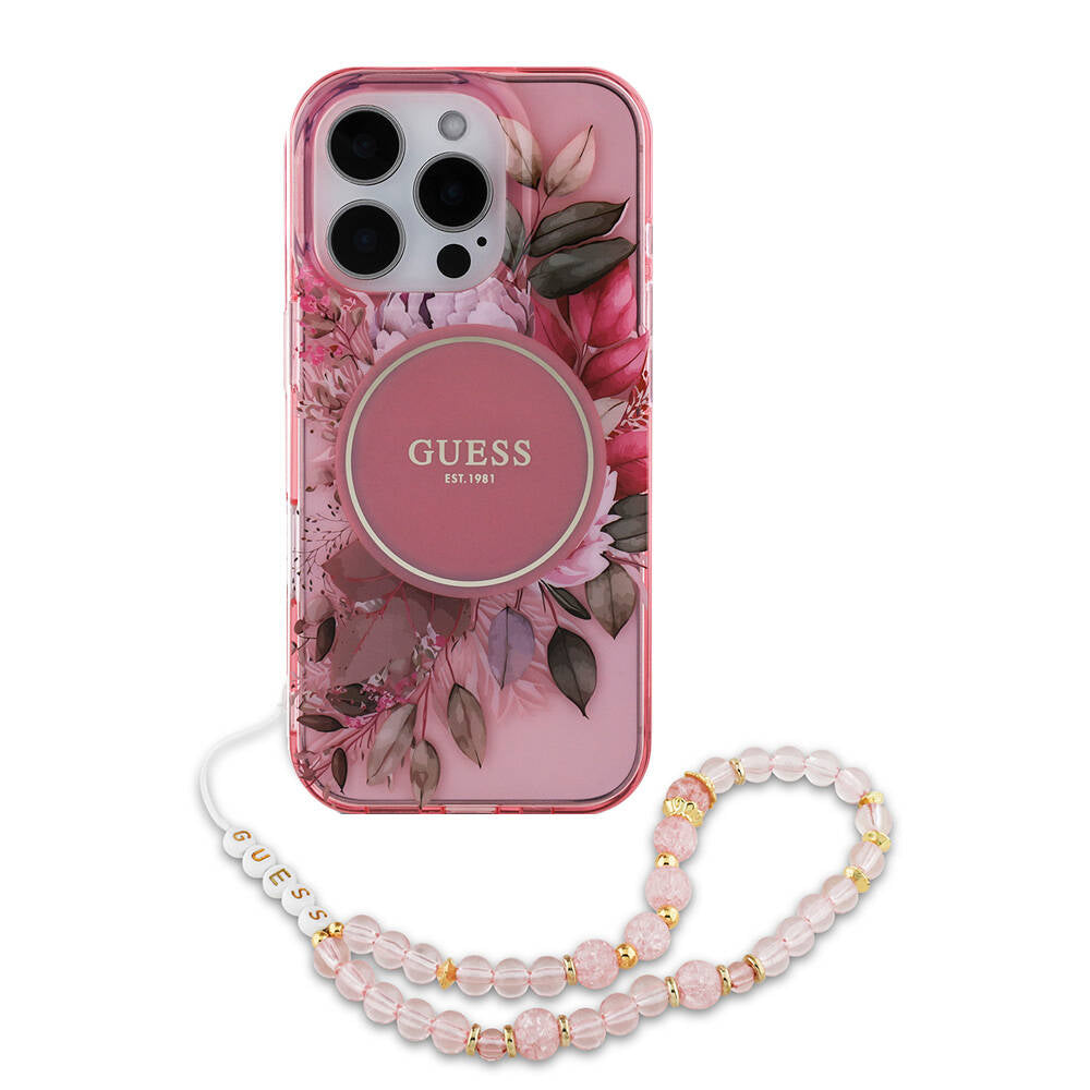 Apple iPhone 16 Pro Kılıf Guess Orjinal Lisanslı M-safe Şarj Özellikli IML Baskılı Çiçek İnci Bileklikli Kapak
