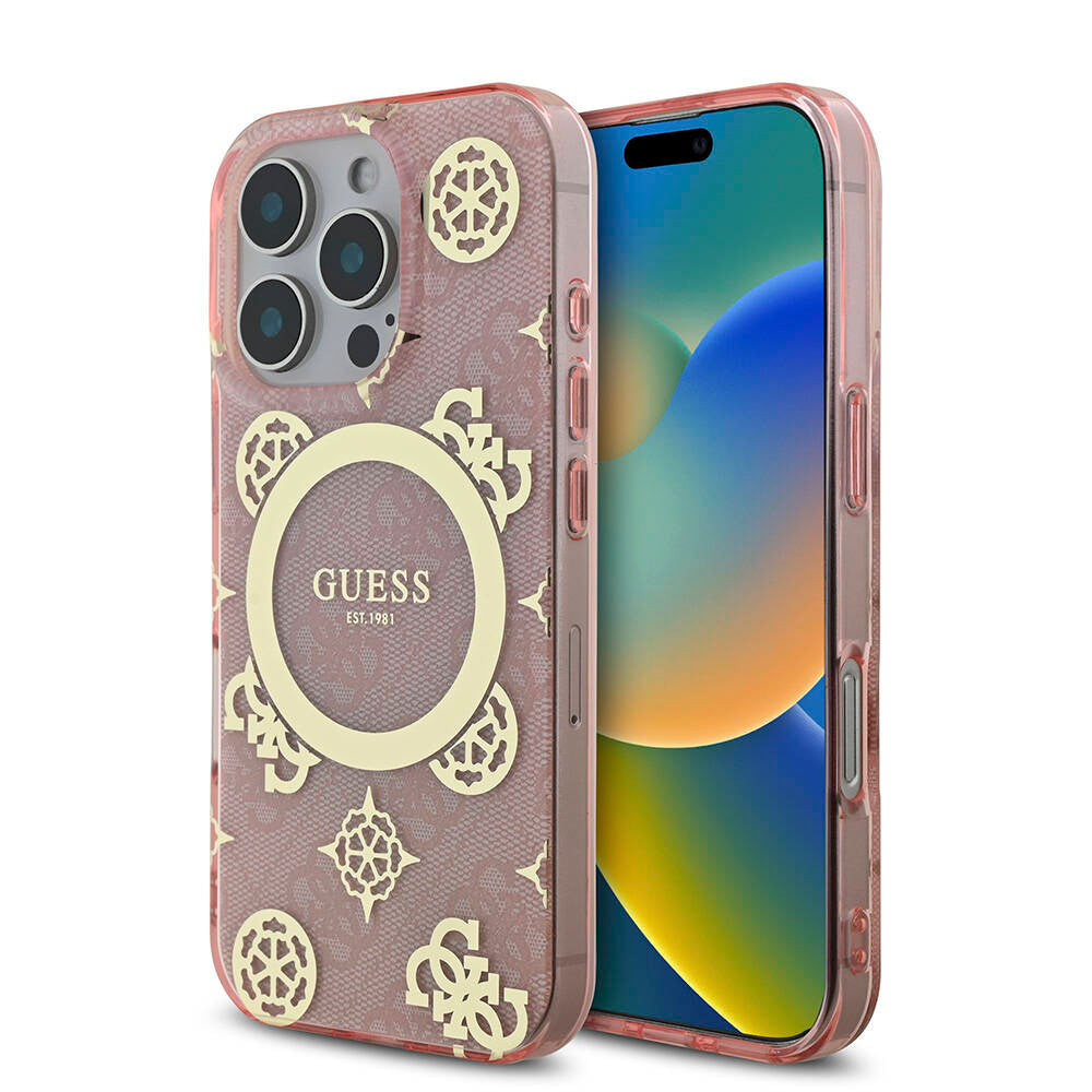 Apple iPhone 16 Pro Kılıf Guess Orjinal Lisanslı M-safe Şarj Özellikli IML Peony ve 4G Desenli Klasik Logolu Kapak