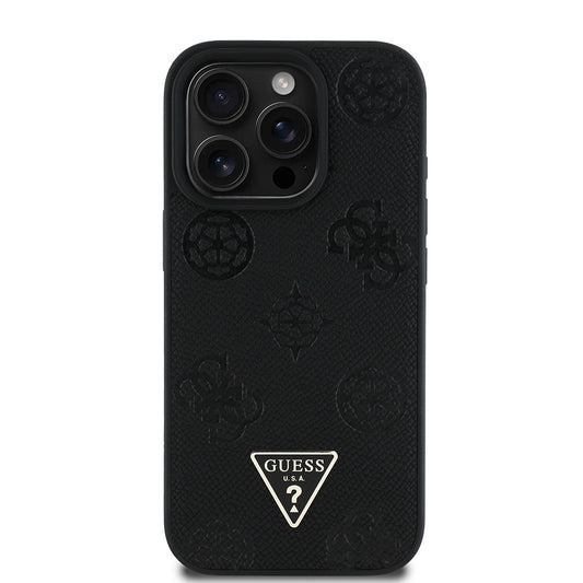 Apple iPhone 16 Pro Kılıf Guess Orjinal Lisanslı M-safe Şarj Özellikli Sıcak Baskılı Üçgen Logolu PU Deri Peony Kapak Pembe