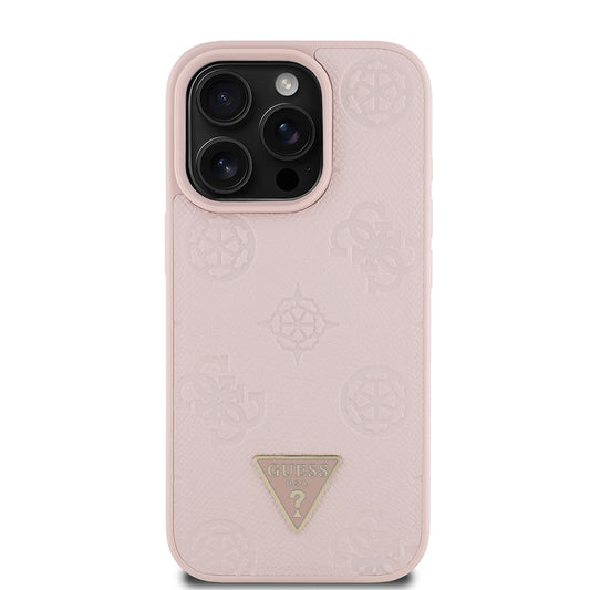 Apple iPhone 16 Pro Kılıf Guess Orjinal Lisanslı M-safe Şarj Özellikli Sıcak Baskılı Üçgen Logolu PU Deri Peony Kapak Pembe