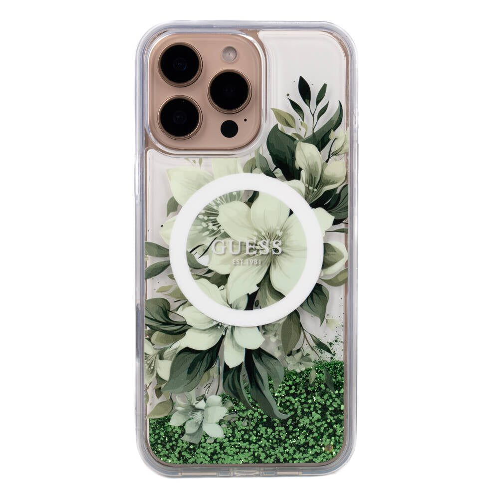 Apple iPhone 16 Pro Kılıf Guess Orjinal Lisanslı M-safe Şarj Özellikli Sıvılı Simli Çiçek Desenli Kapak