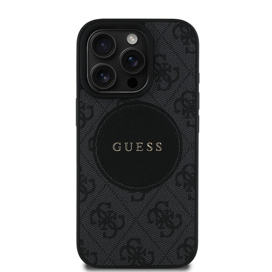 Apple iPhone 16 Pro Kılıf Guess Orjinal Lisanslı M-safe Şarj Özellikli Yazı Logolu Circle Classic Kapak Kahverengi