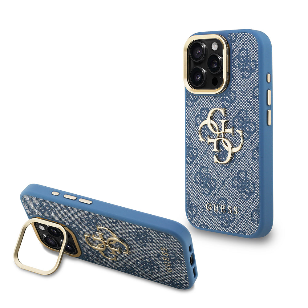 Apple iPhone 16 Pro Kılıf Guess Orjinal Lisanslı PU Deri 4G Desenli Metal Büyük 4G ve Yazı Logolu Kamera Standlı Kapak