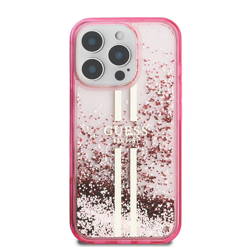 Apple iPhone 16 Pro Kılıf Guess Orjinal Lisanslı Transparan Sıvılı Simli Altın Çizgili Kapak Pembe