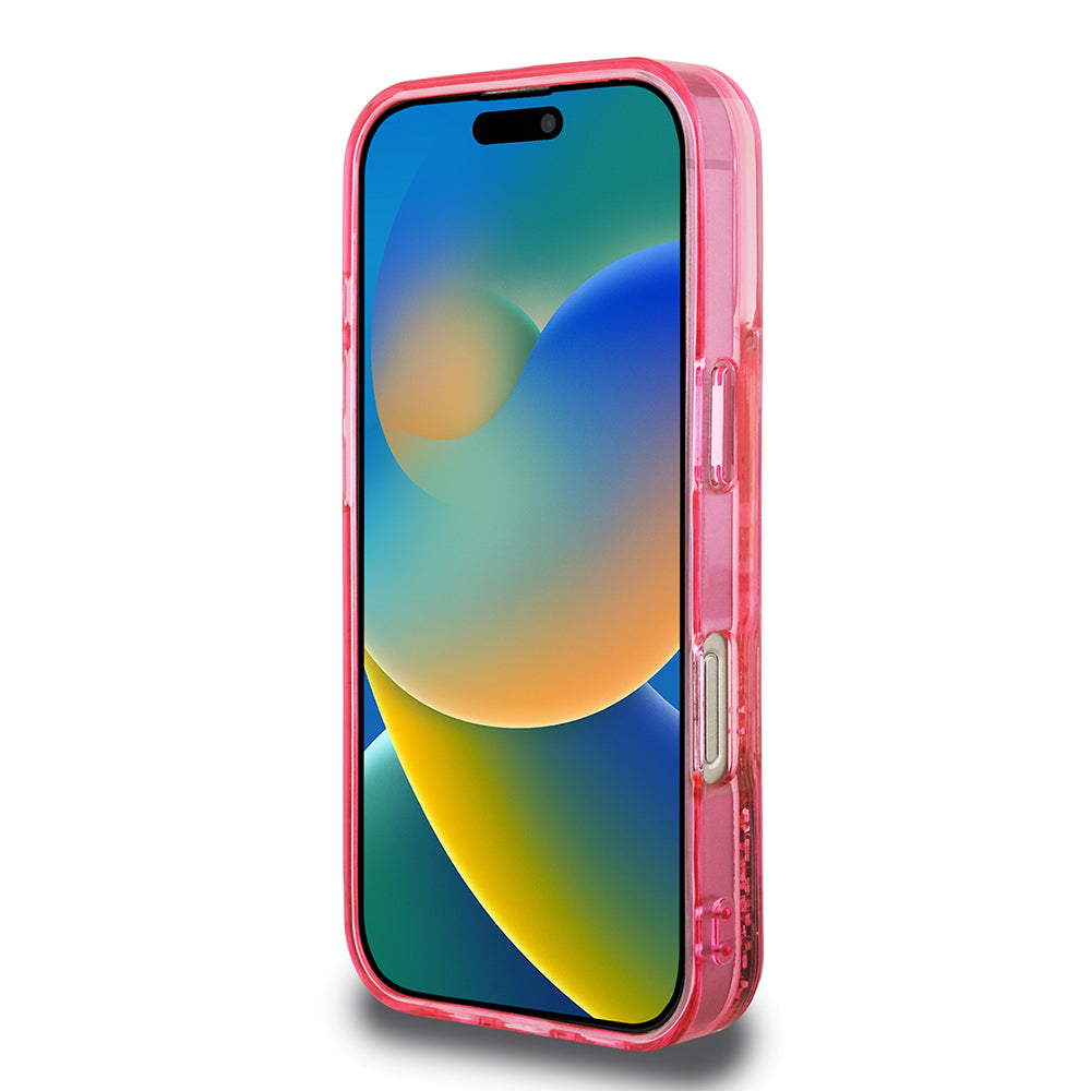 Apple iPhone 16 Pro Kılıf Guess Orjinal Lisanslı Transparan Sıvılı Simli Altın Çizgili Kapak Pembe