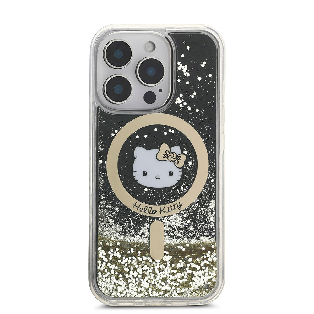 iPhone 16 Pro Kılıf Hello Kitty Orjinal Lisanslı Magsafe Şarj Özellikli IML Baskı Kitty Head Logolu Sıvılı Simli Altın Ateşi Kılıf Siyah