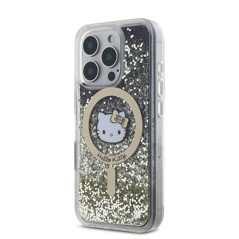 iPhone 16 Pro Kılıf Hello Kitty Orjinal Lisanslı Magsafe Şarj Özellikli IML Baskı Kitty Head Logolu Sıvılı Simli Altın Ateşi Kılıf Siyah