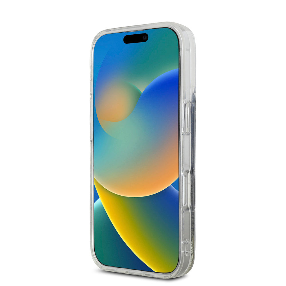 iPhone 16 Pro Kılıf Hello Kitty Orjinal Lisanslı Magsafe Şarj Özellikli IML Baskı Kitty Head Logolu Sıvılı Simli Altın Ateşi Kılıf Siyah