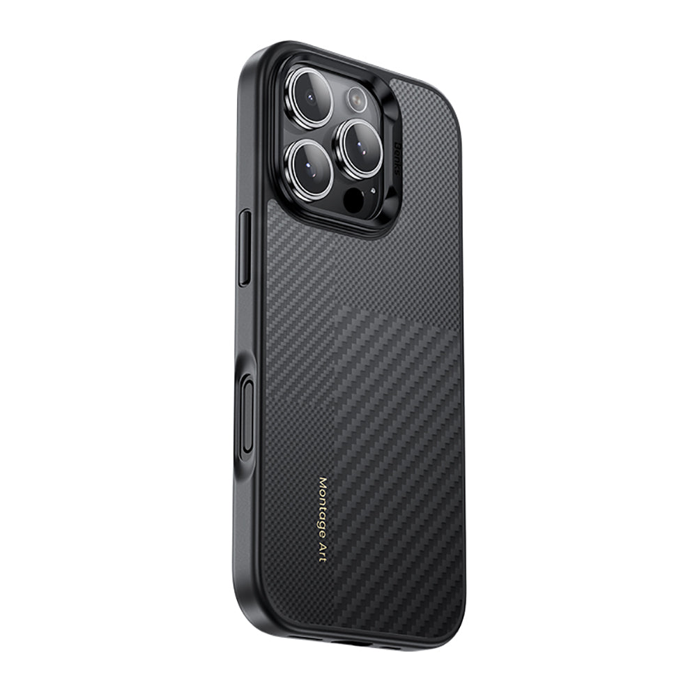 Apple iPhone 16 Pro Kılıf Karbon Fiber M-safe Şarj Özellikli Kamera Kontrol Butonlu Benks Hybrid ArmorPro Montage Kevlar Kapak Siyah