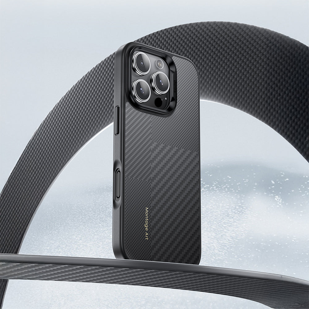 Apple iPhone 16 Pro Kılıf Karbon Fiber M-safe Şarj Özellikli Kamera Kontrol Butonlu Benks Hybrid ArmorPro Montage Kevlar Kapak Siyah