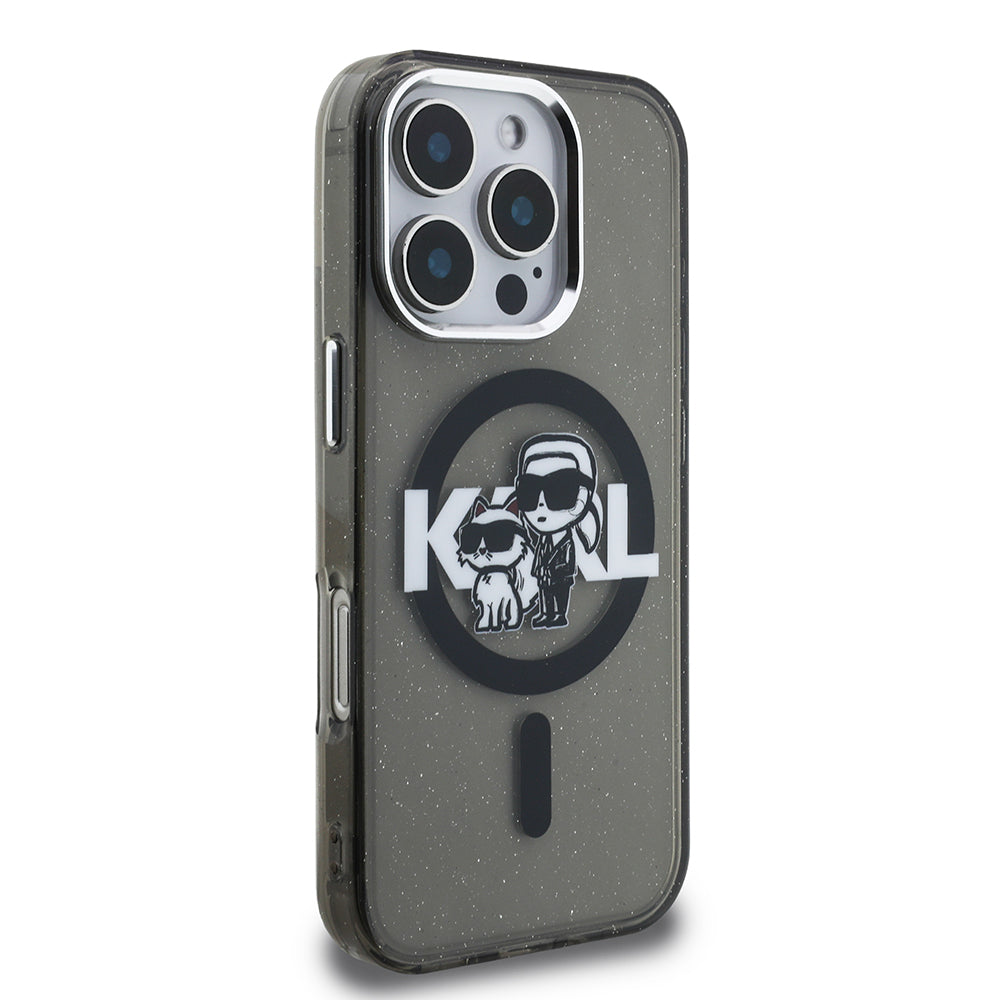 Apple iPhone 16 Pro Kılıf Karl Lagerfeld Orjinal Lisanslı Parlayan Simli Karl & Choupette Sketch Logo Kapak Siyah