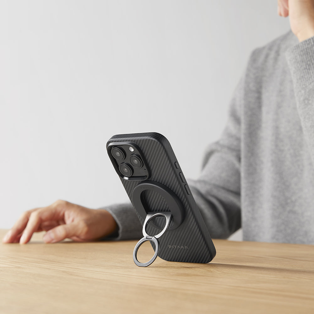 Apple iPhone 16 Pro Kılıf M-safe Şarj Özellikli Aramid Karbon Fiber Pitaka Military-Grade Classic Serisi New Logo Black-Grey Twill Kapak