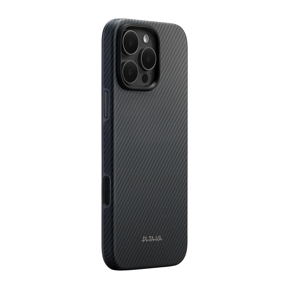 Apple iPhone 16 Pro Kılıf M-safe Şarj Özellikli Aramid Karbon Fiber Pitaka Military-Grade Classic Serisi New Logo Black-Grey Twill Kapak