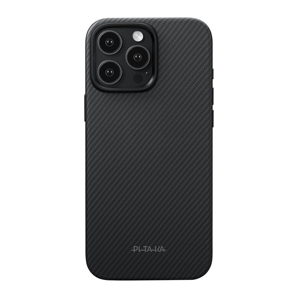 Apple iPhone 16 Pro Kılıf M-safe Şarj Özellikli Aramid Karbon Fiber Pitaka Military-Grade Classic Serisi New Logo Black-Grey Twill Kapak