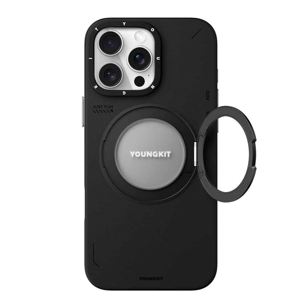 iPhone 16 Pro Kılıf Magsafe Şarj Özellikli 360° Standlı Basit Mat Deri Desenli Youngkit Tech Leather Serisi Kılıf Siyah