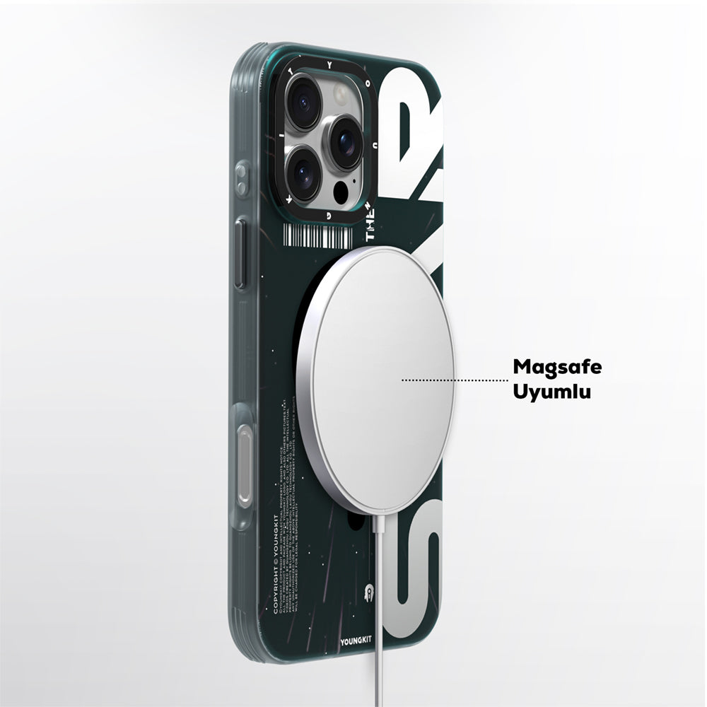iPhone 16 Pro Kılıf Magsafe Şarj Özellikli Airbagli Hologram Tasarımlı Youngkit Interstellar Serisi Kılıf Füme